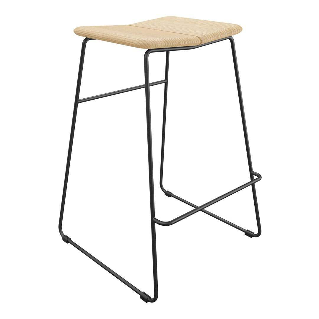 Light wood bar stool with a minimalist design, featuring a natural finish and a sleek black metal frame.