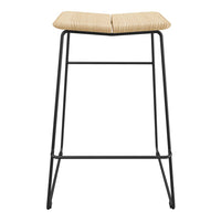 Modern bar stool with a natural woven seat and sleek black metal frame, featuring a minimalist design.