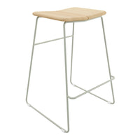 Natural wood grain seat with a light grey metal frame, featuring a minimalist and modern design. 