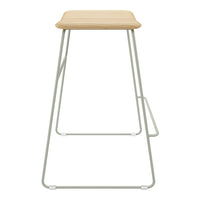 Natural wood seat with light gray metal legs, featuring a minimalist design and smooth, clean lines.