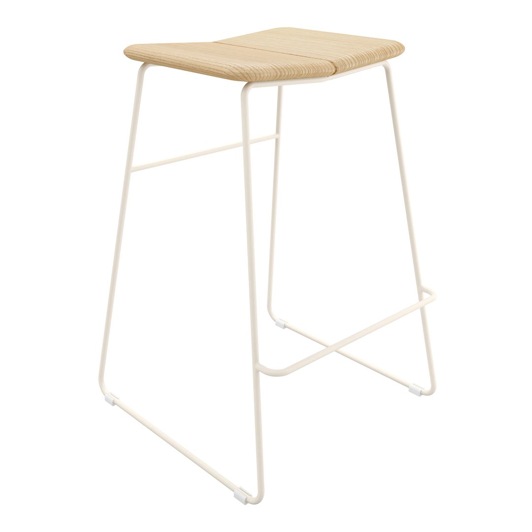 Natural wood seat with a sleek white metal frame, offering a minimalist design for modern spaces.