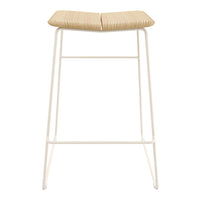 Beige woven seat with textured pattern on a sleek white metal frame bar stool. Perfect for modern decor.