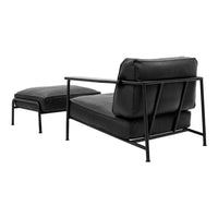 Black upholstered lounge chair with matching ottoman, featuring a sleek black metal frame. Modern and minimalist design.