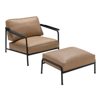 Tan upholstered chair and ottoman with black metal frame, featuring a modern minimalist design.