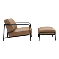 Brown leather chair and ottoman with sleek black metal frames, featuring a modern minimalist design.