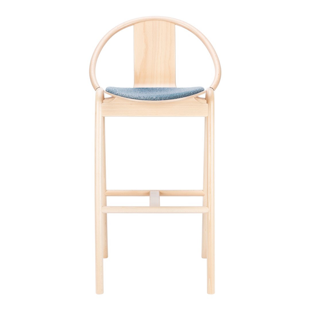 Light wood bar stool with a round back and a blue upholstered seat, featuring a minimalistic design.