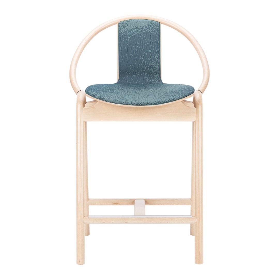 Light wood bar stool with a circular backrest and a textured teal seat cushion. Elegant, minimalist design.