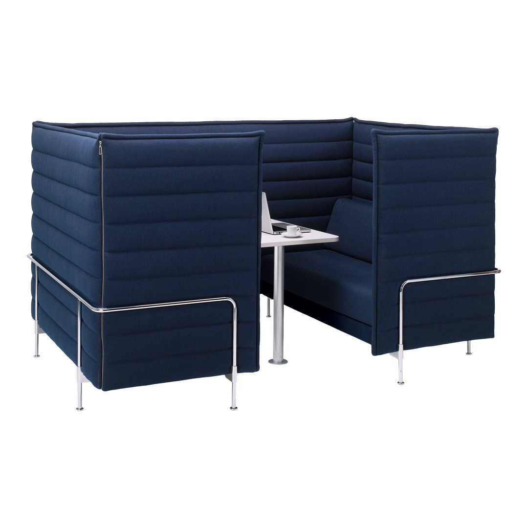 Navy blue padded seating with vertical stripes and silver metal accents, creating a modern, stylish look.