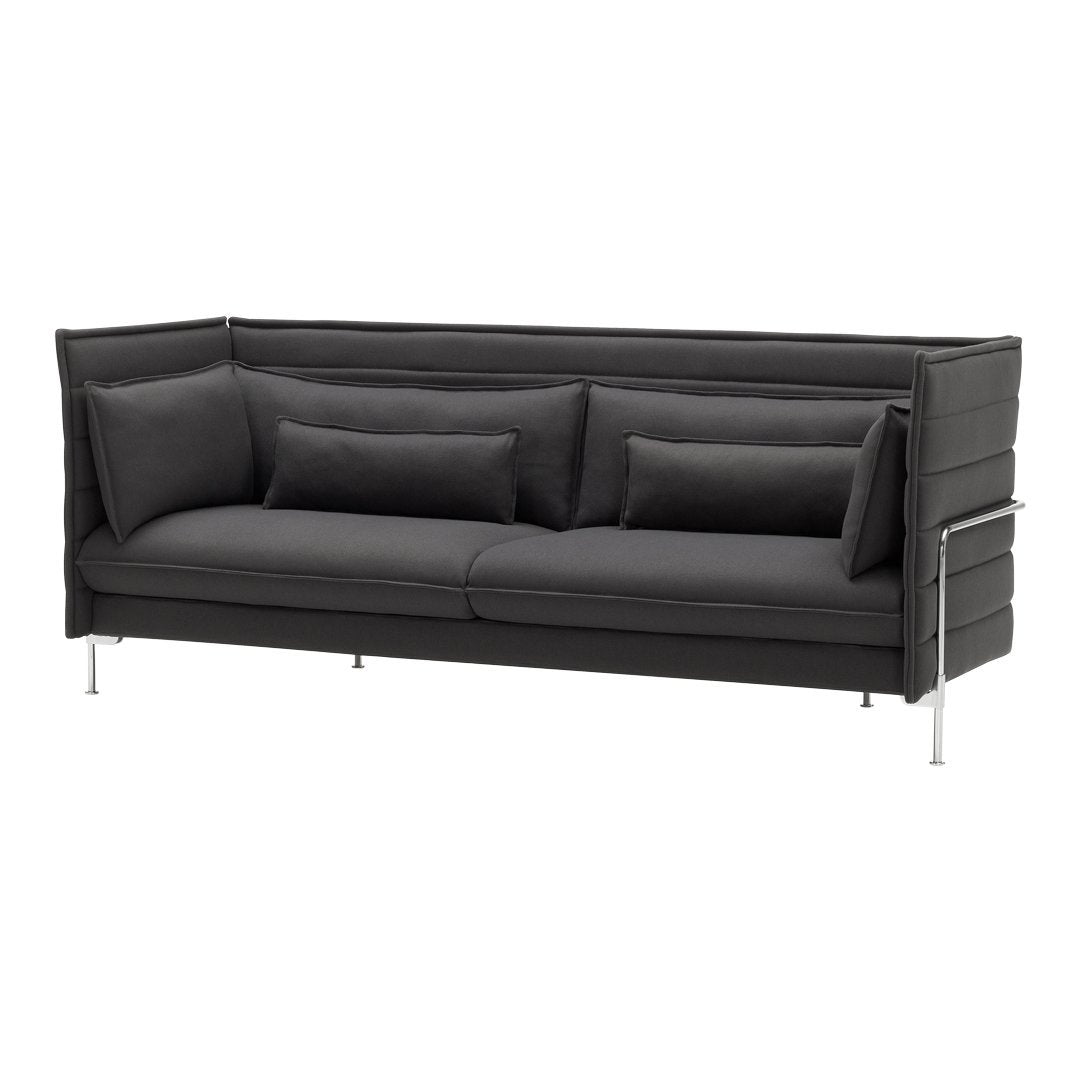 Sleek black sofa with a modern design, featuring smooth upholstery and subtle vertical patterns.