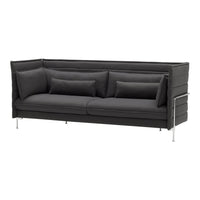 Sleek black sofa with a modern design, featuring smooth upholstery and subtle vertical patterns.