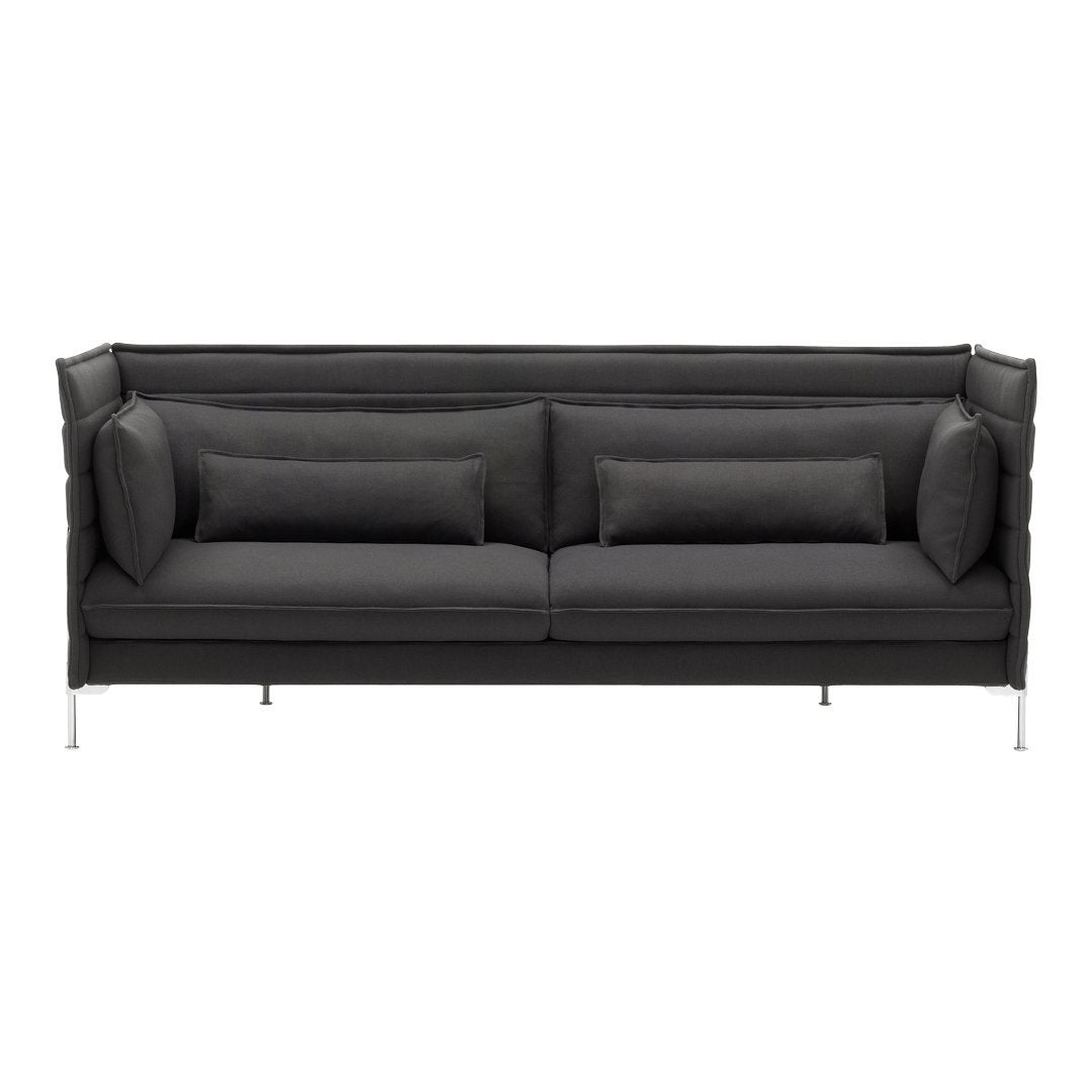 Elegant black sofa with smooth fabric and minimalist design, featuring matching cushions for a cohesive look.