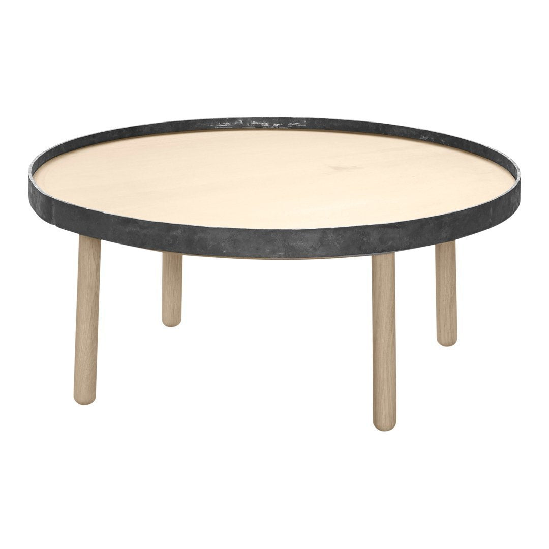 Round coffee table with a natural wood top and black metal rim, featuring simple, modern design and light wooden legs.