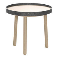 Round side table with a black stone top and natural wood legs, featuring a minimalist design and soft color contrast.