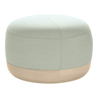 Soft mint green pouf with a light wood base, featuring a smooth, seamless texture and minimalist design.