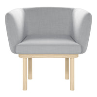 Light gray upholstered armchair with smooth fabric and natural wooden legs. Modern, minimalist design.