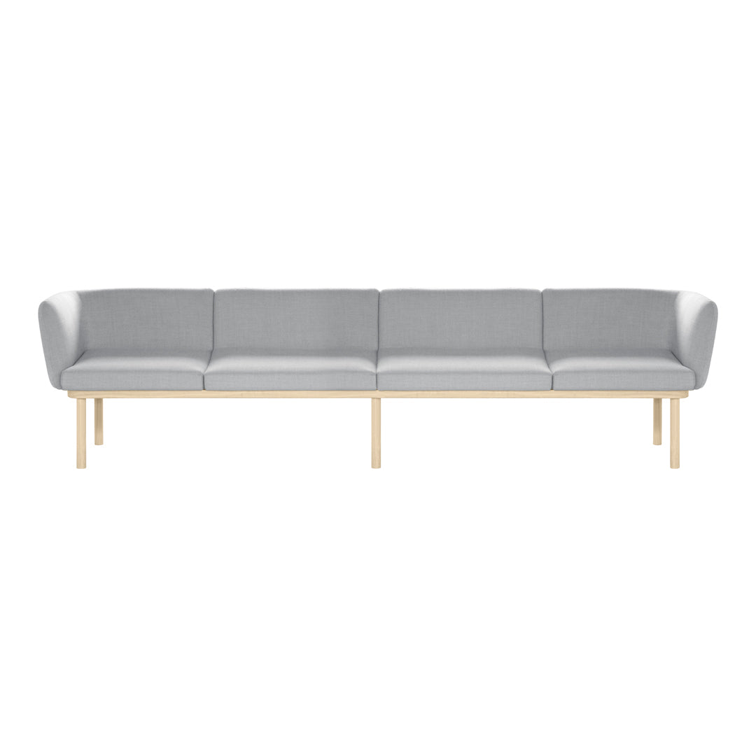 Modern light gray sofa with smooth upholstery and clean lines, featuring natural wooden legs for a minimalist design.