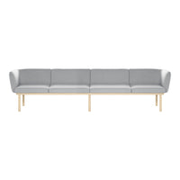 Modern light gray sofa with smooth upholstery and clean lines, featuring natural wooden legs for a minimalist design.
