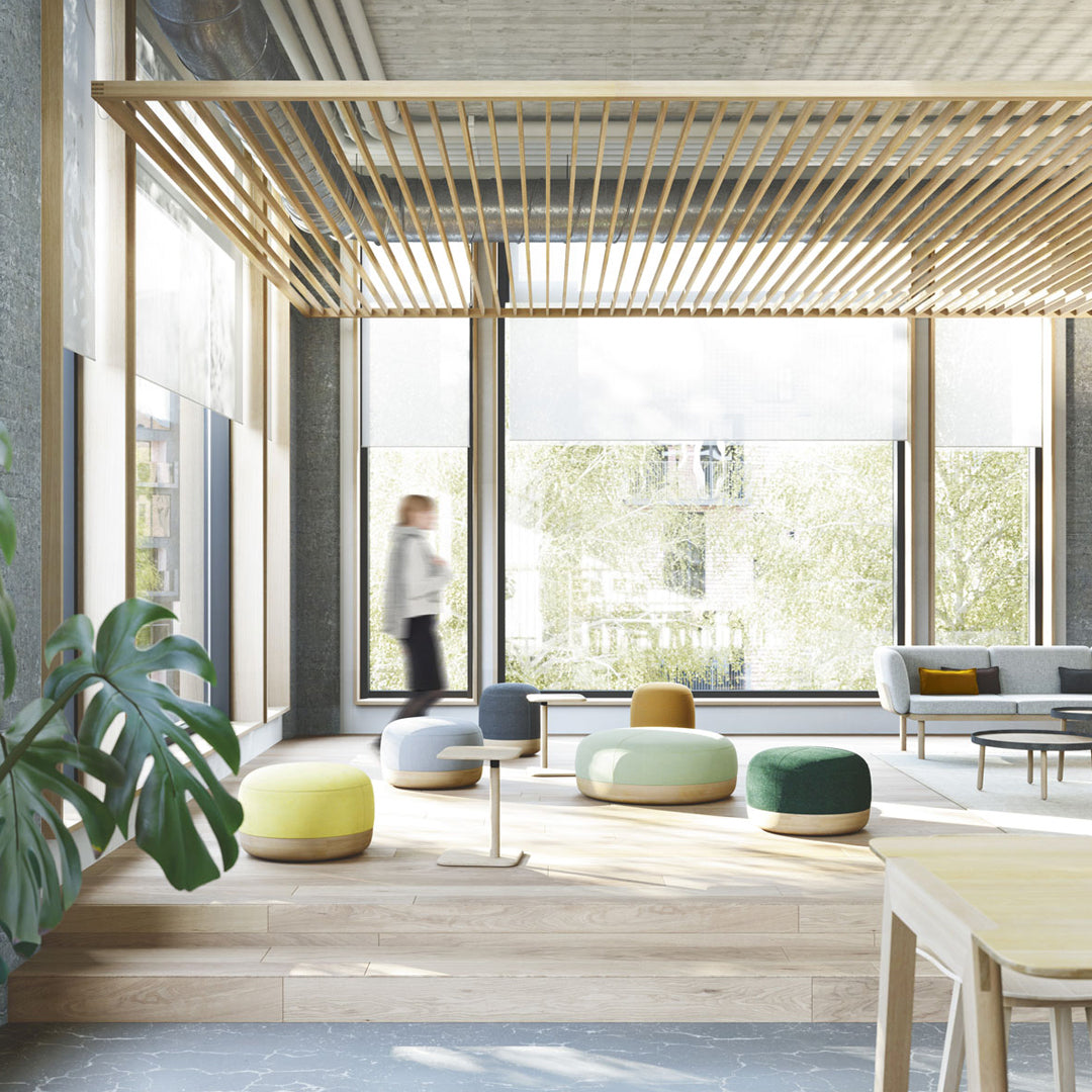 "Bright multi-colored poufs in a modern space with light wood accents and green indoor plants."
