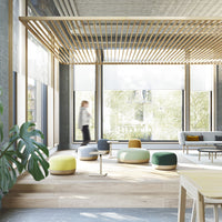 "Bright multi-colored poufs in a modern space with light wood accents and green indoor plants."