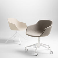 "Two modern office chairs in beige and light gray upholstery with white bases and sleek, minimalist designs."