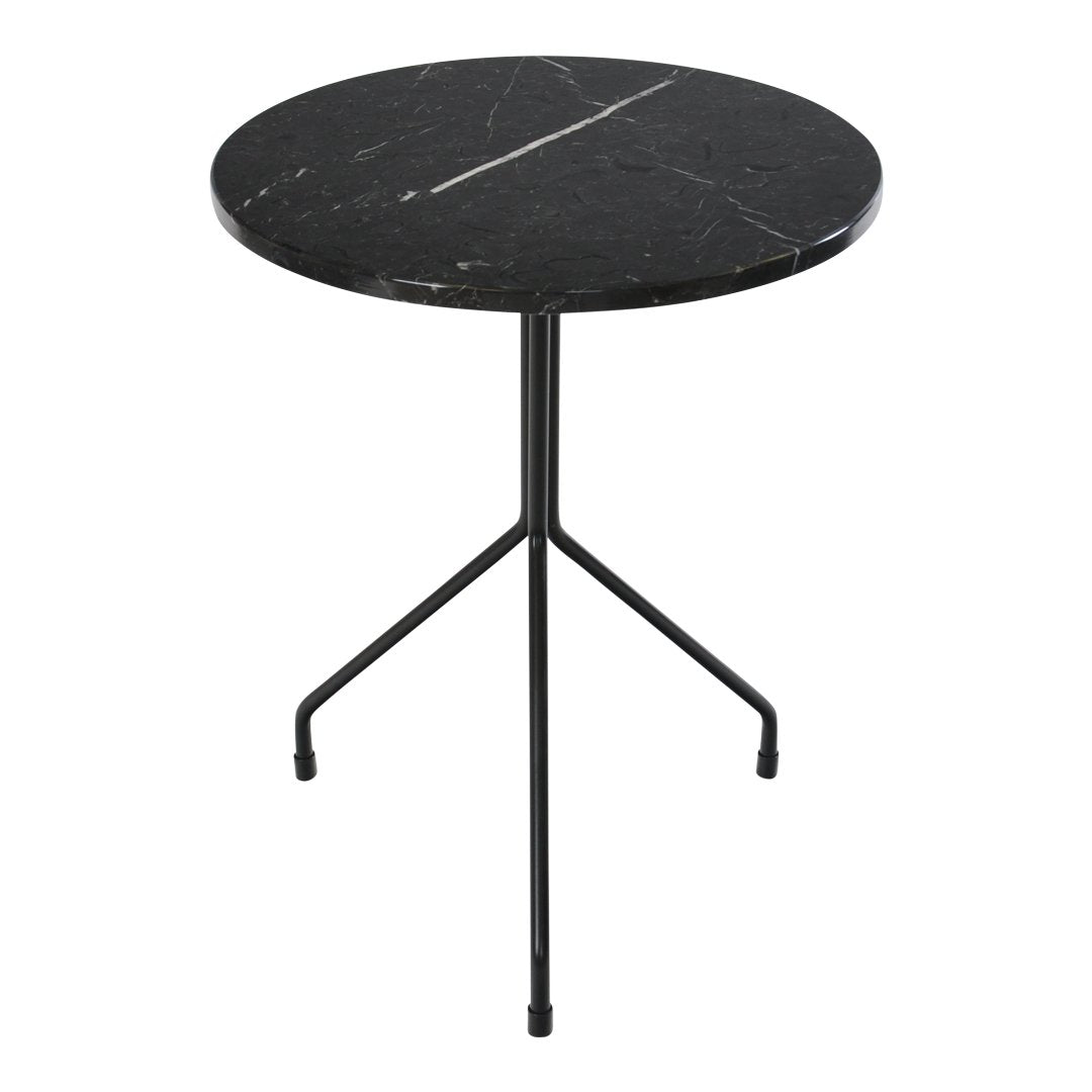 Round black marble side table with subtle white veining and a sleek black metal base. Perfect for modern decor.