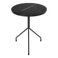 Round black marble side table with subtle white veining and a sleek black metal base. Perfect for modern decor.