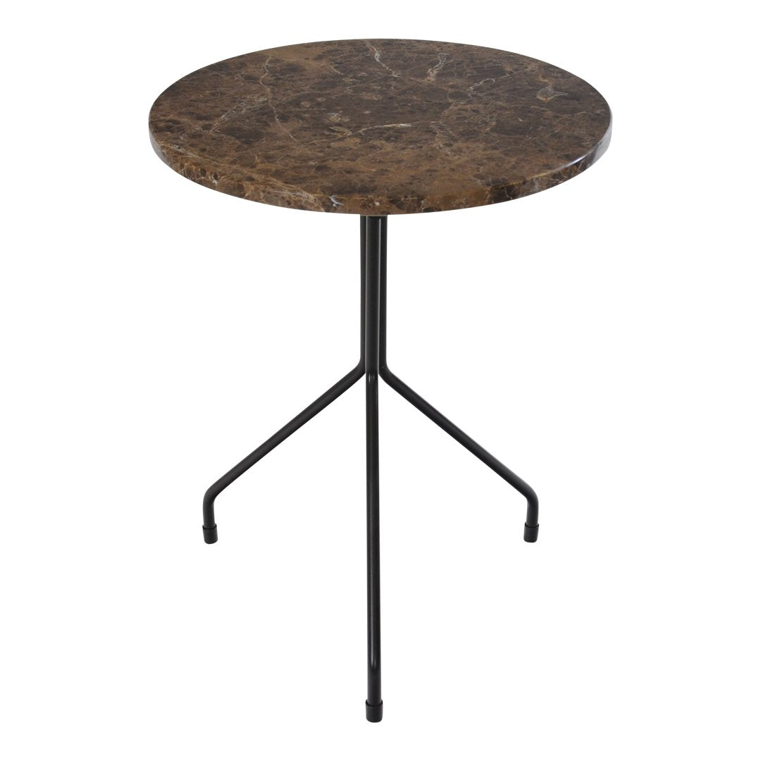 Round tabletop in rich brown marble pattern with a sleek black metal tripod base. Perfect for modern decor.