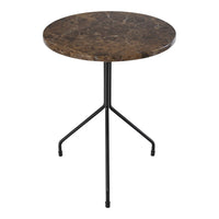 Round tabletop in rich brown marble pattern with a sleek black metal tripod base. Perfect for modern decor.