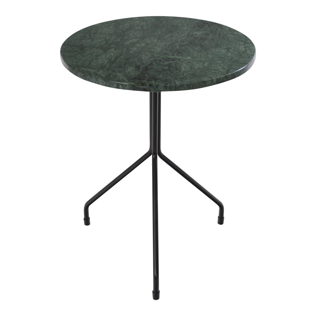 Round green marble table with a sleek black metal tripod base, showcasing a polished, elegant surface.