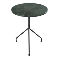 Round green marble table with a sleek black metal tripod base, showcasing a polished, elegant surface.