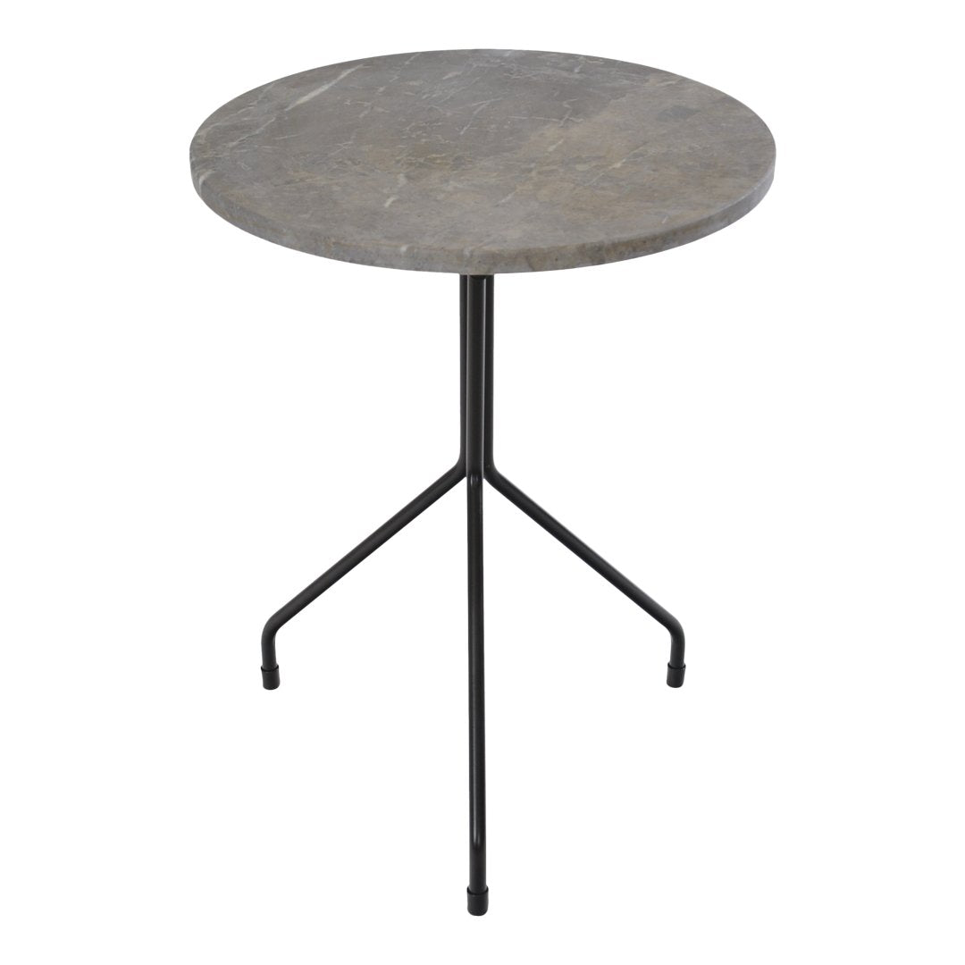 Round gray marble table top with a sleek black metal tripod base. Modern and minimalist design, perfect for any decor.