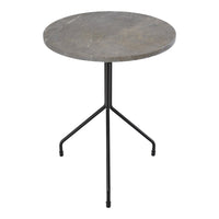 Round gray marble table top with a sleek black metal tripod base. Modern and minimalist design, perfect for any decor.