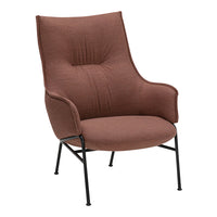 Brown upholstered chair with subtle vertical patterns and a sleek black metal frame. Perfect blend of comfort and style.