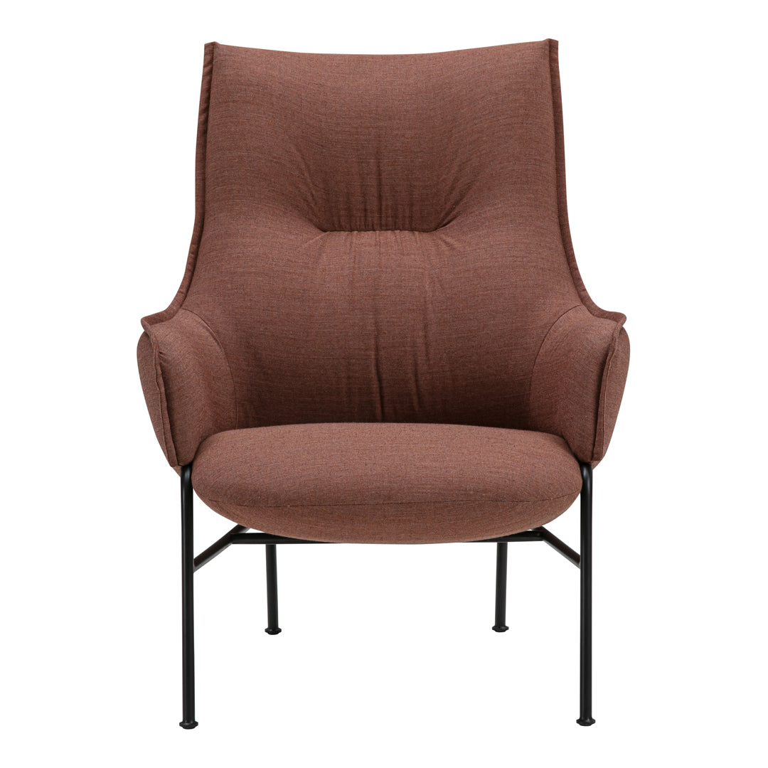 Brown fabric armchair with a textured surface and sleek black metal legs, offering a modern and cozy look.