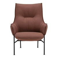 Brown fabric armchair with a textured surface and sleek black metal legs, offering a modern and cozy look.