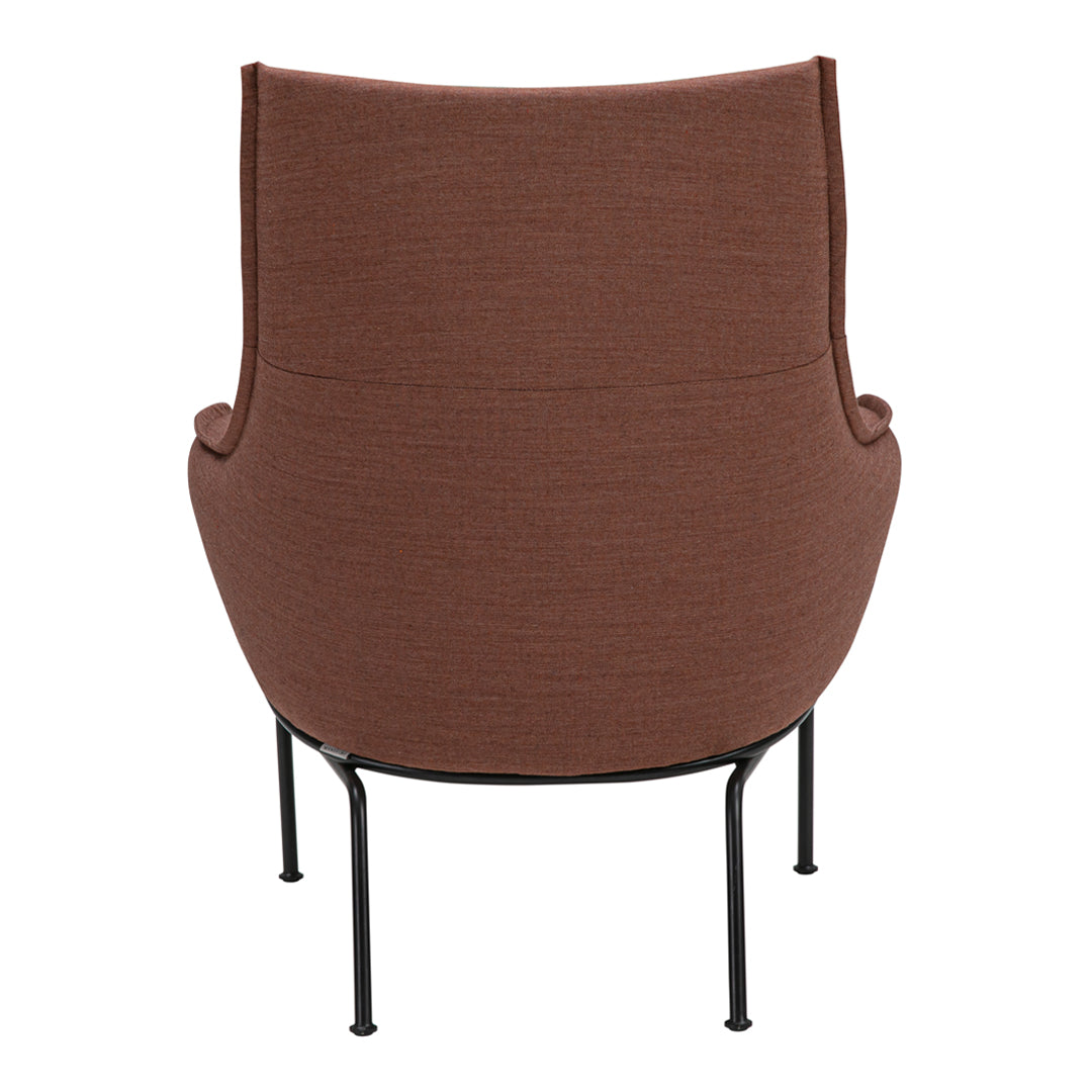 "Back view of a modern chair in rich brown fabric, featuring sleek black legs for a contemporary look."