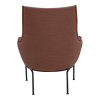 "Back view of a modern chair in rich brown fabric, featuring sleek black legs for a contemporary look."