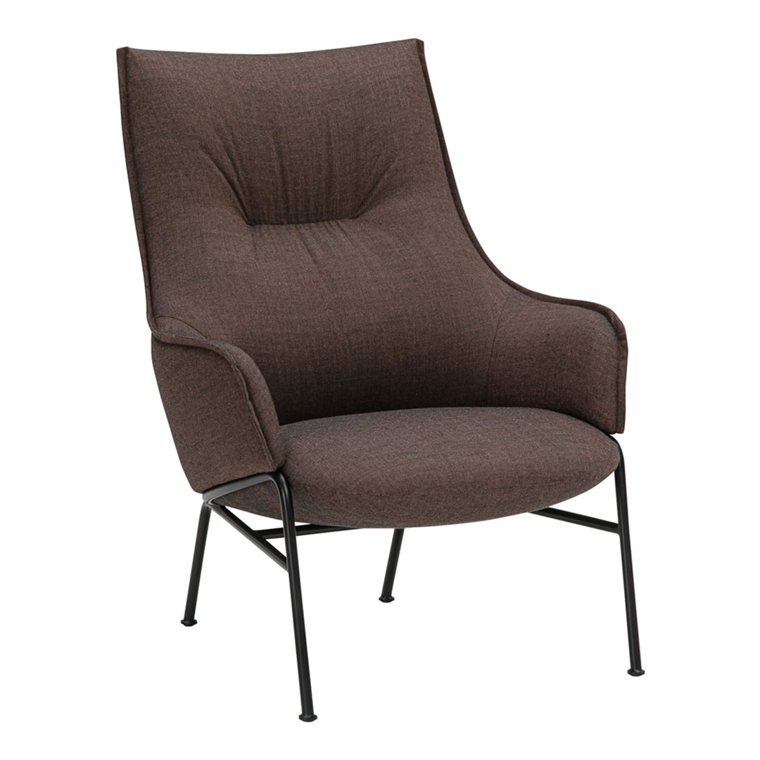 Stylish brown upholstered armchair with a textured finish, featuring a sleek black metal frame. Perfect for modern decor.