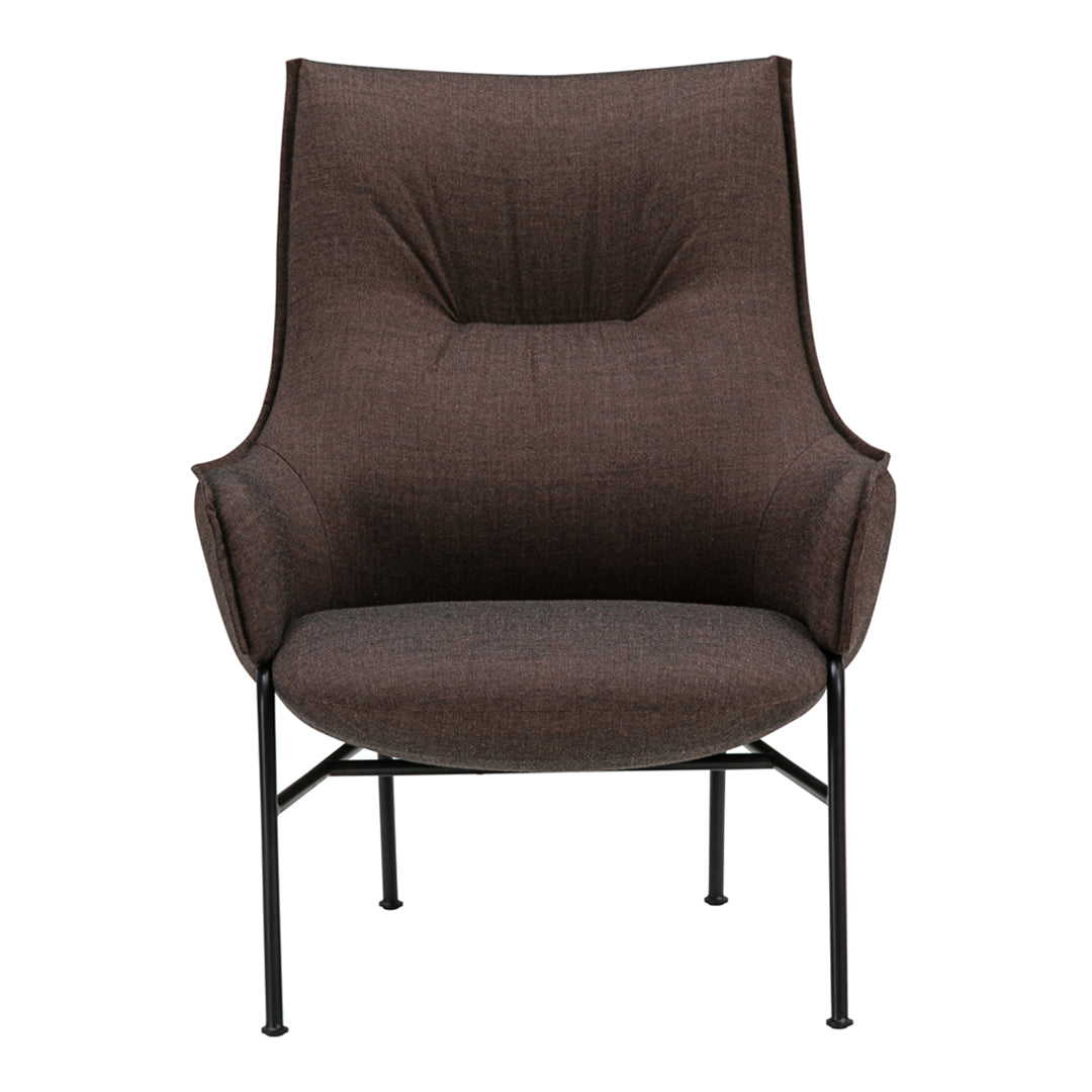 Brown upholstered high-back chair with a textured pattern and black metal frame, adding a modern touch to any space.
