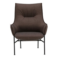 Brown upholstered high-back chair with a textured pattern and black metal frame, adding a modern touch to any space.