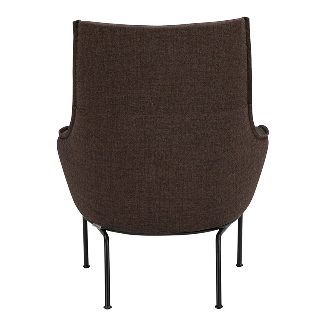 Brown upholstered chair with subtle texture and sleek black metal legs, perfect for modern decor.