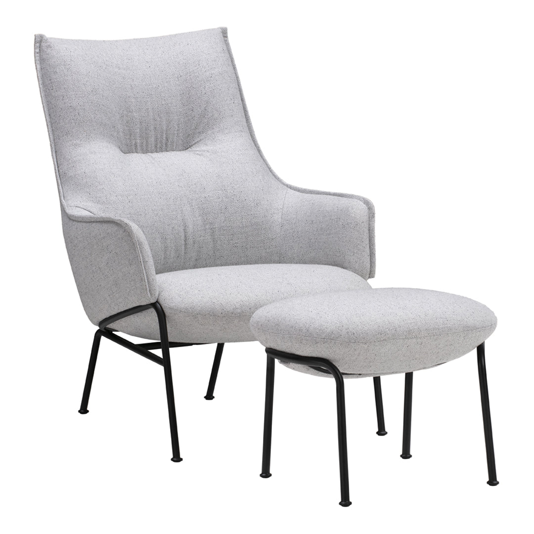 Light gray armchair and ottoman set with a textured fabric and black metal legs, perfect for any modern decor.