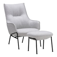 Light gray upholstered chair with matching ottoman, featuring a smooth texture and minimalist design.