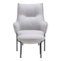 Stylish grey upholstered chair with a textured finish and sleek black metal legs, perfect for modern interiors.