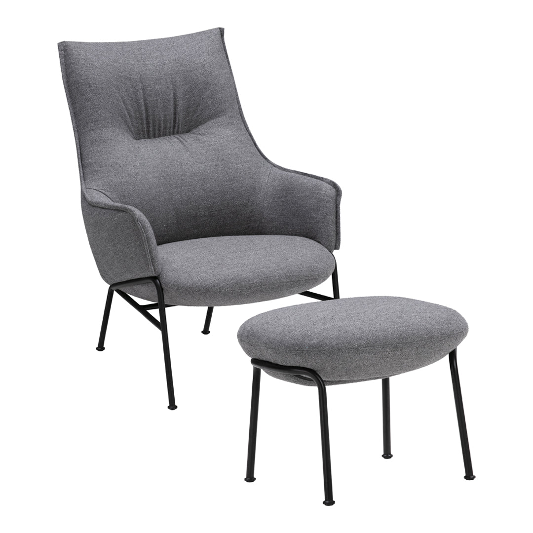 Gray upholstered armchair and ottoman with clean lines and a textured finish, supported by black metal legs.