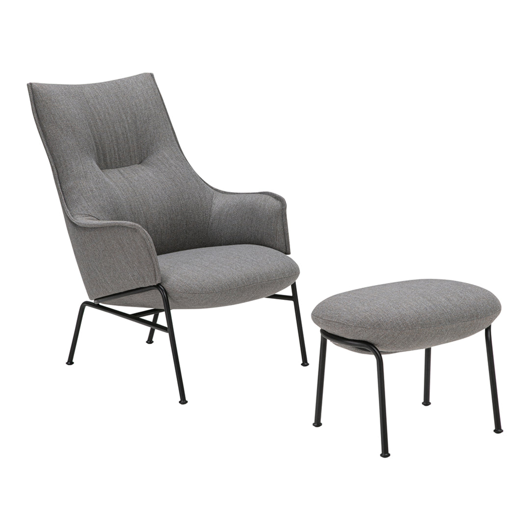 Stylish gray upholstered armchair and ottoman set with minimalist black metal legs, perfect for modern decor.