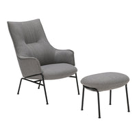 Stylish gray upholstered armchair and ottoman set with minimalist black metal legs, perfect for modern decor.