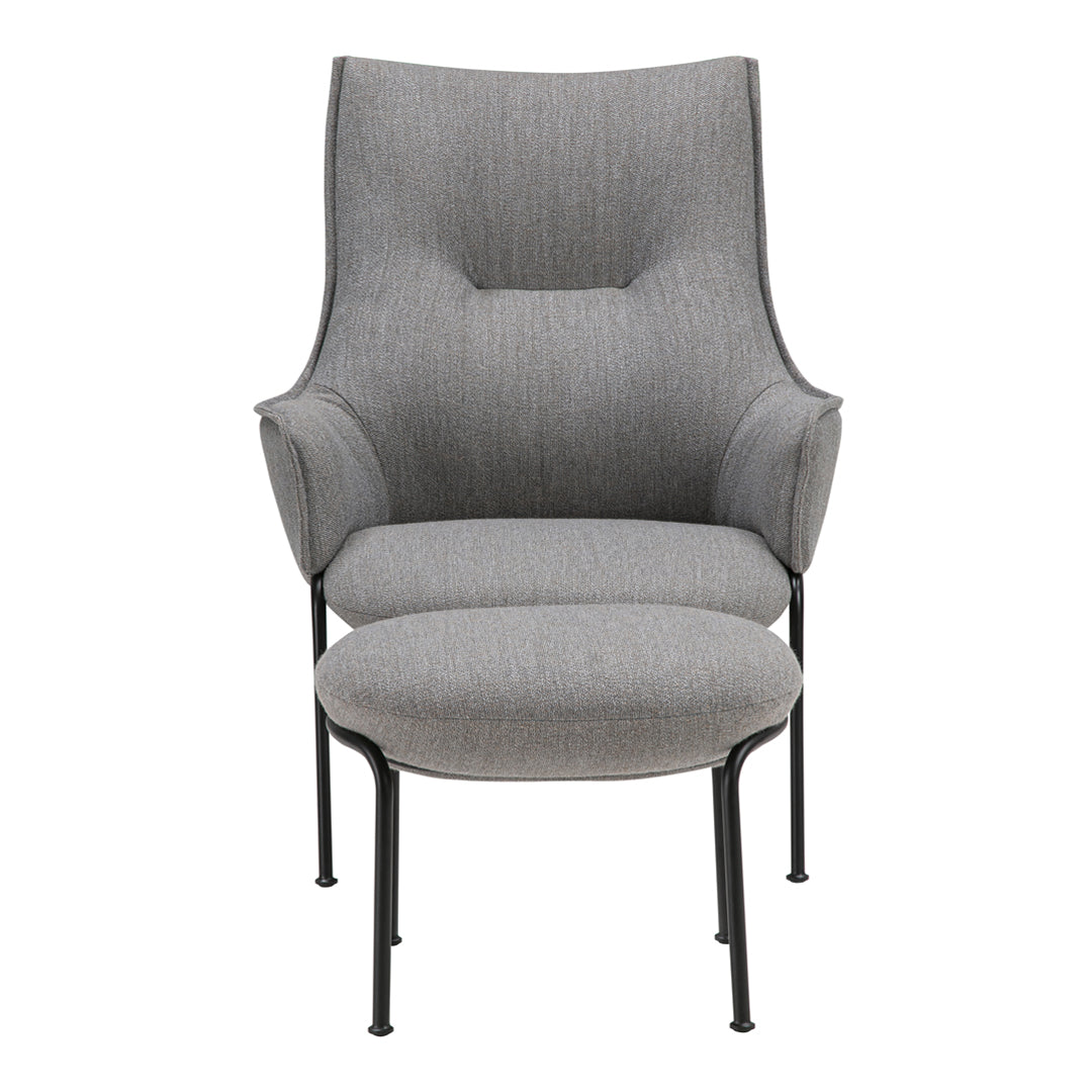 Stylish gray upholstered chair with a textured pattern and sleek black metal legs for modern decor.
