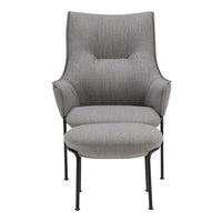 Stylish gray upholstered chair with a textured pattern and sleek black metal legs for modern decor.