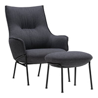 Stylish gray upholstered chair and ottoman with sleek black metal legs and subtle tufted pattern. Elegant modern design.